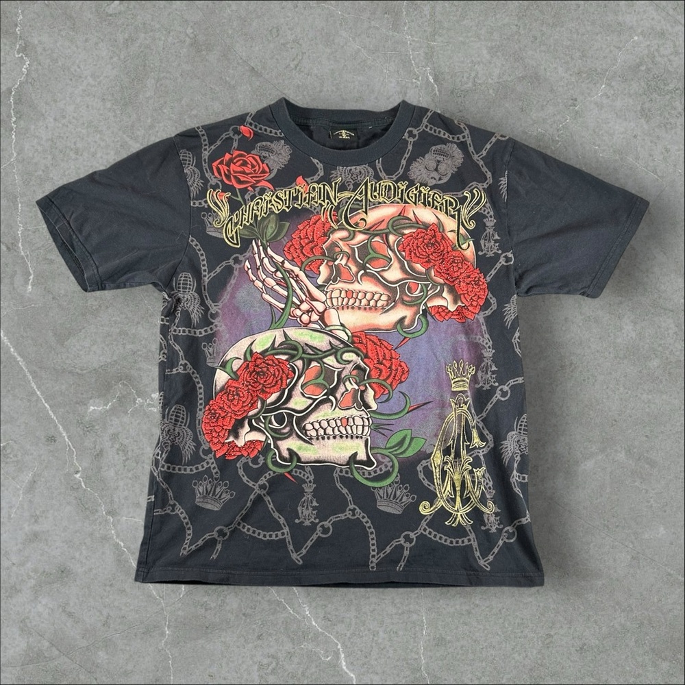 Christian Audigier Shirt Men Large Black Y2K Skull Roses Aop Grunge Mallgoth Emo